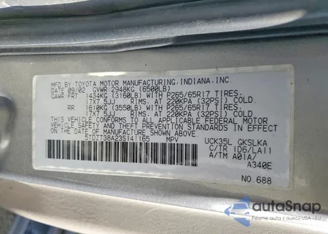 2003 Toyota Sequoia Limited z USA, uszkodzony, nr VIN 5TDZT38A23S141165